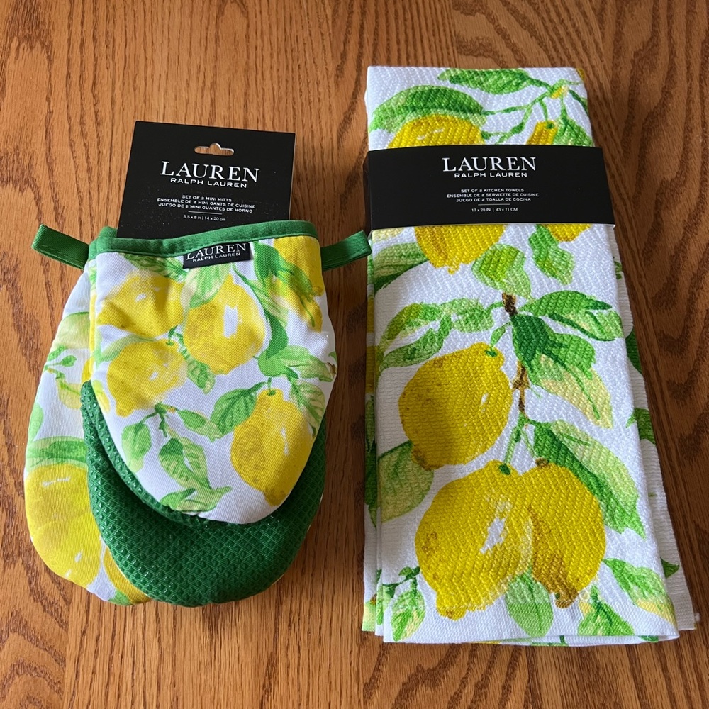 NWT Ralph Lauren Lemon Mini Oven Mitt Set of 2 OR 2 Dishtowel Set